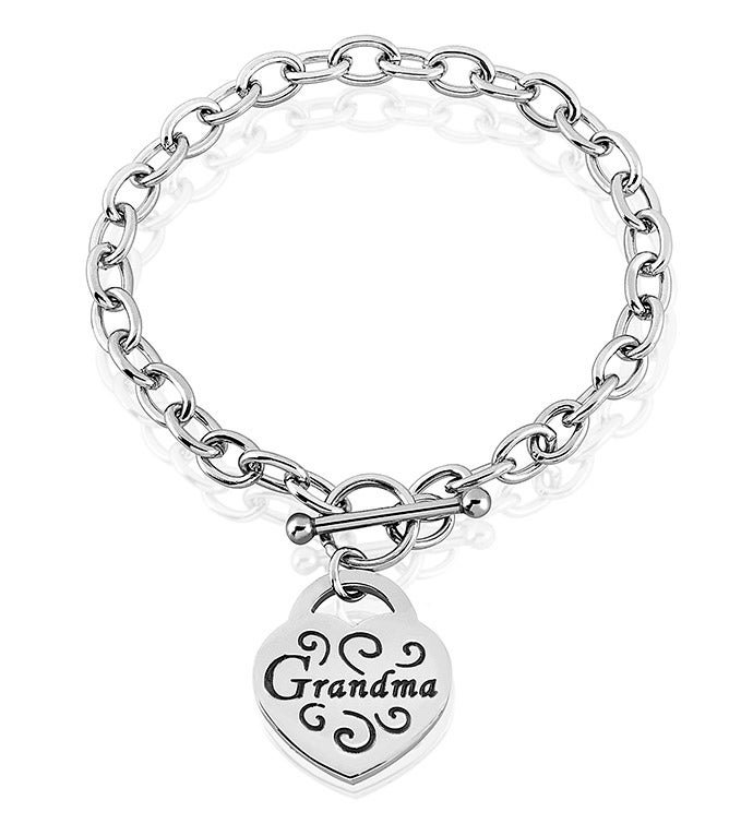 Elya Women's Engraved Heart Charm Toggle Clasp Stainless Steel Bracelet